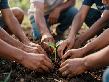 Close-up of hands planting a seedling in rich Colombian soil, diverse community members collaborating, natural golden-hour light, 35mm film style.