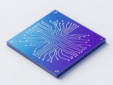 Macro shot of a silicon wafer with intricate neural network patterns, cool blue and white tones