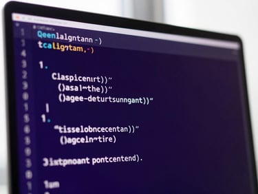 Close-up of code on a high-resolution screen, showing quantum algorithm simulation, bright natural daylight