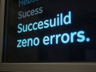 Close-up of a clean terminal window displaying a successful build output, neon electric blue text, zero errors, high-contrast dark mode.