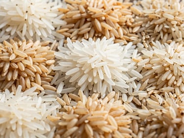 Close-up of various types of non-Basmati rice grains, showing different shapes and sizes, arranged neatly, bright natural daylight, high detail, 35mm