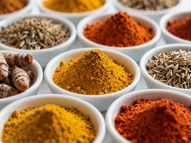 Assortment of vibrant Indian spices (turmeric, cumin, red chili) in small bowls, bright natural daylight, rich organic tones, high-detail macro, 35mm