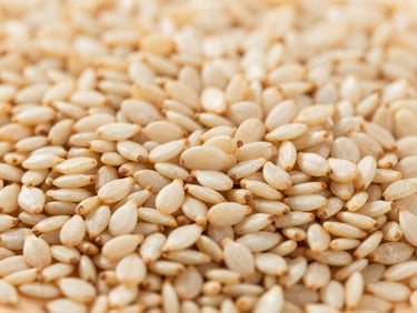 Macro shot of clean, sorted sesame seeds and groundnuts, crisp editorial photography, bright natural daylight, rich organic tones, 35mm