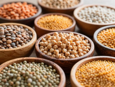 Variety of pulses and lentils (chickpeas, moong dal) in wooden bowls, bright natural daylight, rich organic tones, high-detail macro, 35mm