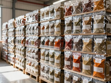 Modern, clean warehouse facility with stacked, branded packaging for spices, wide-angle, bright natural daylight, 35mm