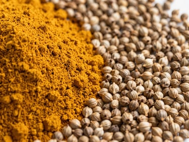 Close-up of vibrant turmeric powder and whole coriander seeds, crisp editorial photography, bright natural daylight, rich organic tones, 35mm