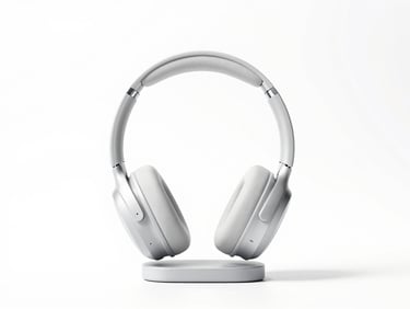 Sleek modern wireless headphones on a minimalist charging stand, bright studio lighting, clean white background