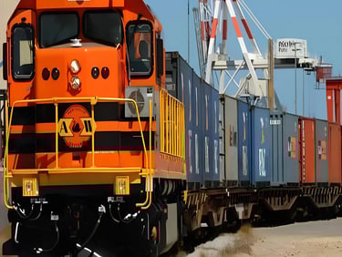 a train with a cargo container crane in the background