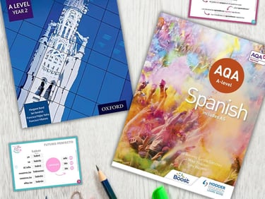 Spanish A-level books and flashcards
