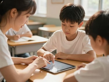 Hands of an instructor guiding a young adult on a digital tablet in a bright classroom, natural daylight, organic tones.