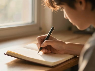 Candid close-up of a student writing in a notebook, warm golden-hour light filtering through a window, soft focus background.