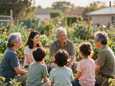 A multi-generational family sharing a quiet moment in a community garden, warm natural light, shallow depth of field.