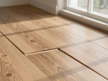 Close-up of interlocking floor joints of luxury vinyl plank flooring being precisely fitted together under natural window light.
