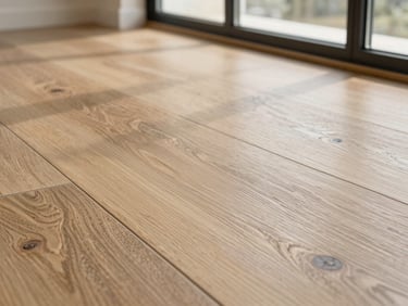 Close-up texture of modern stone-polymer composite (SPC) luxury vinyl plank showing deep embossed grain, bright window light