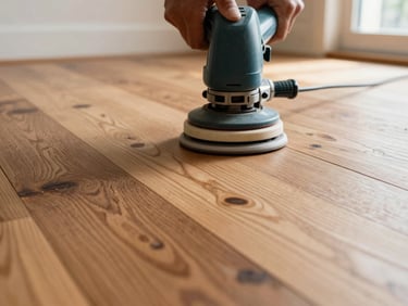 Close-up of dustless sanding machinery in action on a vintage Douglas fir floor, highlighting clean wood grain.