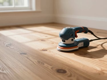 Dustless sanding machine in action on a historic Douglas fir floor, natural light streaming through a window highlighting clean operation and wood texture.