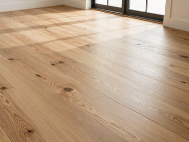 Low-angle floor-level shot of finished wide-plank white oak hardwood flooring under warm Southern California window light, showcasing rich grain detail.