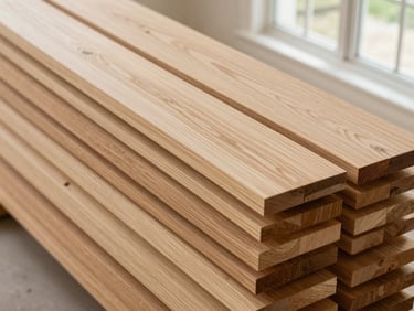 Overhead detail shot of neat stacks of acclimated oak wood planks inside a bright residential space, natural light.