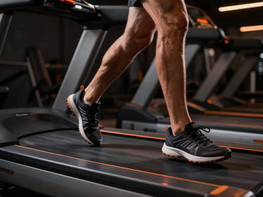 Close-up of running shoes in fast motion on a treadmill, high-contrast gym lighting, dramatic orange accent lights, moody dark background, 35mm lens
