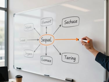 Wide overhead shot of a whiteboard mid-session, a hand drawing a sequenced roadmap with orange marker, coffee cup and open laptop visible at the edge, natural daylight from a nearby window