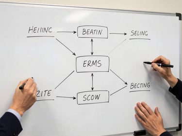 Close overhead view of a whiteboard mid-session, markers and handwritten flow diagrams covering the surface, two sets of hands visible at the edges actively annotating, clean office ambient light