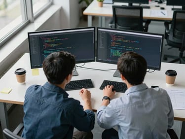 Wide overhead shot of two engineers shoulder-to-shoulder at a large desk, reviewing code side-by-side on dual monitors, natural window light from the left, coffee cups and sticky-note planning sheets visible on the desk surface
