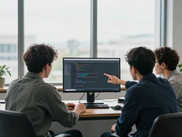 Shoulder-to-shoulder wide shot of three team members gathered around a monitor during a code review session, pointing at specific lines on screen, natural daylight from a large office window, relaxed working posture