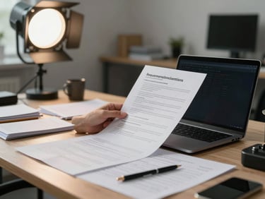 Wide desk workspace shot showing an engineer reviewing a printed requirements document alongside an open laptop, planning notes spread across the table, soft studio light, environment shows organized engineering work in progress