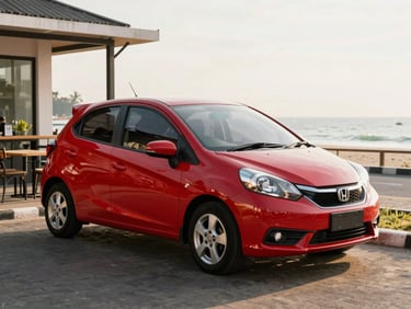A modern red Honda Brio parked near a city cafe in Kupang, bright morning light, 35mm lens