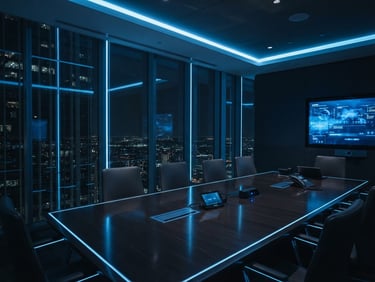Sleek corporate technology photography with low-key cool ambient lighting, sharp electric blue accents, architectural depth, showing a modern glass boardroom at night, 35mm lens.