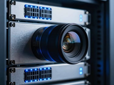 Tight macro-lens detail of physical server hardware racks with cool-toned blue LED indicator lights reflecting off brushed steel, 35mm lens.