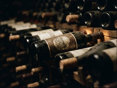 A close-up of premium wine bottle labels resting in a dark, temperature-controlled cellar with warm amber lighting, shallow depth of field, 35mm film look
