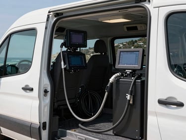 Inside a clean, organized service van parked near a coastal property, showing neatly mounted digital inspection screens and coiled high-pressure hoses.