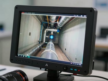 Close-up of a high-tech video inspection monitor displaying clear pipe interior, crisp daylight lighting, professional utility setup.