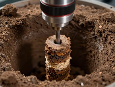 Extreme close-up of a standard penetration test split-spoon sampler being extracted from a borehole, stratified soil layers visible on the sample, bright studio strobe lighting, no people, instrument detail sharp