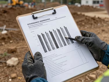 Field technician's gloved hands holding a completed geotechnical report with bore log stratigraphic columns, clipboard on bare soil at an active site, overcast daylight from above, no face visible