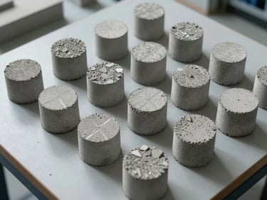 Overhead view of concrete core samples extracted from a slab laid out on a lab table, cylindrical cores showing aggregate cross-sections, controlled north-facing studio light, clean industrial surface