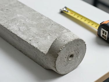 Close-up overhead shot of a concrete core sample extracted from a slab, cylindrical core resting on a white lab surface, tape measure alongside showing diameter, bright controlled studio lighting, no people