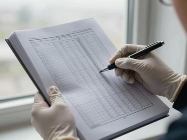 Hands in nitrile gloves holding an open technical report with stratigraphic bore log data, pen marking a measurement column, overcast diffused daylight through a window, no text legible