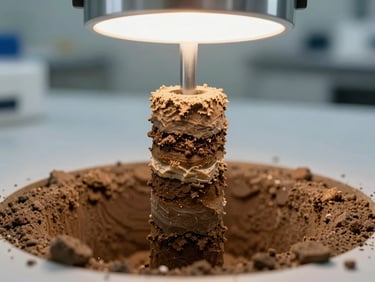 Extreme close-up of a standard penetration test split-spoon sampler being extracted from a bore hole, stratified soil layers clearly visible on the sample surface, bright studio strobe lighting from above, sterile lab bench background