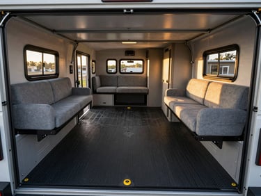 Detailed wide-angle shot of the clean interior garage of the Wolfpack toy hauler, showing the rubberized floor, tie-down points, and folded sleeper sofas.