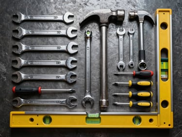 Overhead catalog shot of organized hand tools on a dark steel surface — wrench, hammer, level, and screwdriver set arranged in geometric rows, studio strobe lighting revealing metal texture and machined surfaces