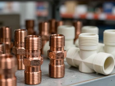 Close-up of copper pipe fittings and PVC connectors arranged on warehouse shelving, overcast warehouse light revealing material surface and threaded detail, honest utility framing
