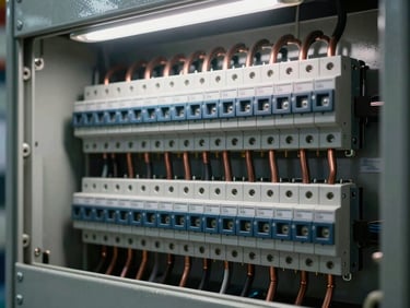 Close-up of an open electrical load-center panel box showing organized breaker rows, copper bus bars, and labeled circuit positions — cool warehouse fluorescent light raking across the panel face revealing stamped metal detail and wire landing points, no hands present