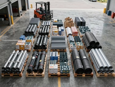 Overhead flat-lay of a large loading dock with a forklift visible in the far background, multiple SKU pallets lined up for consolidated dispatch — electrical conduit bundles, pipe fittings boxes, and roofing roll stock — on a sealed concrete floor under industrial high-bay lighting, wide framing showing the full scale of a single consolidated shipment