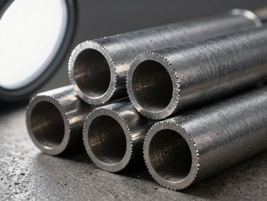 Extreme close-up of EMT conduit cross-sections cut cleanly at angle, steel-grey surfaces showing precise edges and interior diameter, overcast studio strobe from upper left revealing metallic texture and burr-free cuts, arranged on a dark concrete surface