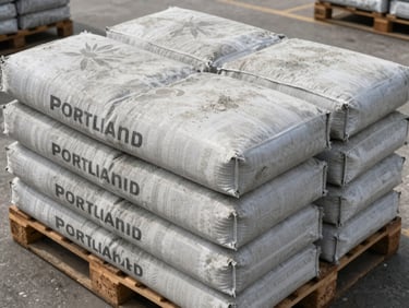 Overhead catalog shot of Portland cement bags stacked on a pallet, overcast daylight, bags showing texture and dust, industrial yard context