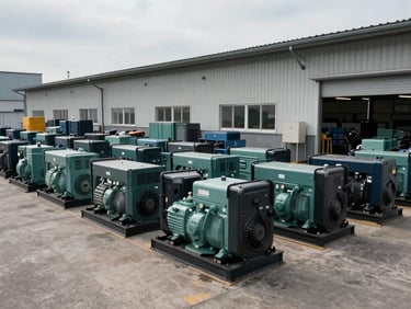 Wide shot of heavy industrial equipment — compactors and generators — parked in organized rows in a large open warehouse yard, overcast daylight, honest working-condition framing showing scale and inventory depth