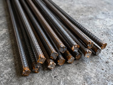 Close-up of deformed rebar ends fanned out on a concrete floor, cool warehouse strobes revealing surface ribs and mill scale, framed from above
