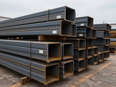 Wide shot of structural steel W-sections and HSS tubing racked in a material yard, overcast daylight, labels visible on ends, organized rows receding into depth
